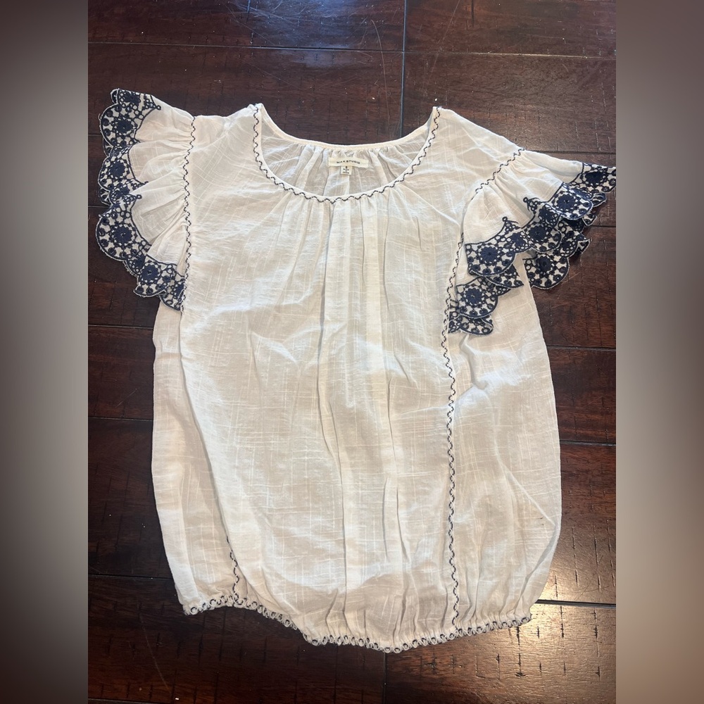 Max Studio Cream Blouse with Navy Trim